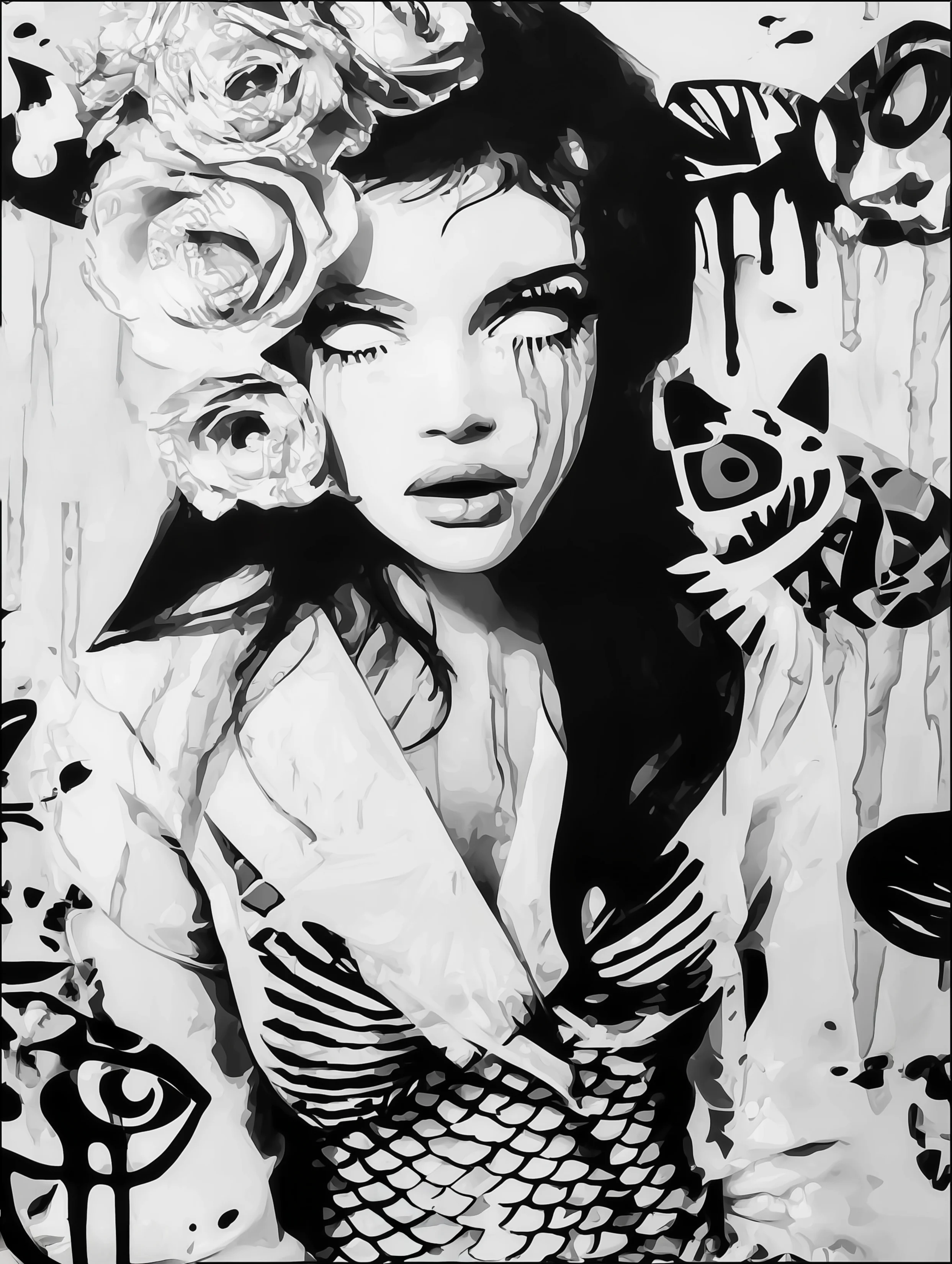 Free printable mermaid coloring page for adults featuring an undead mermaid with no irises